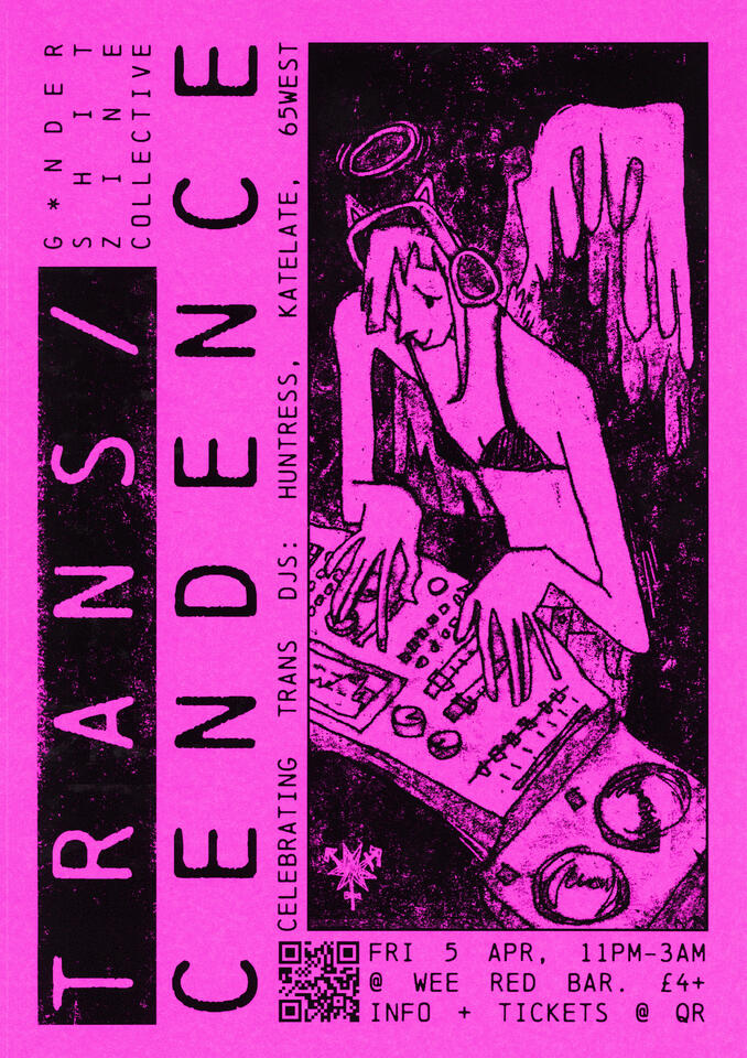 'TRANS/CENDENCE' flyer, monoprint & digital, 2024